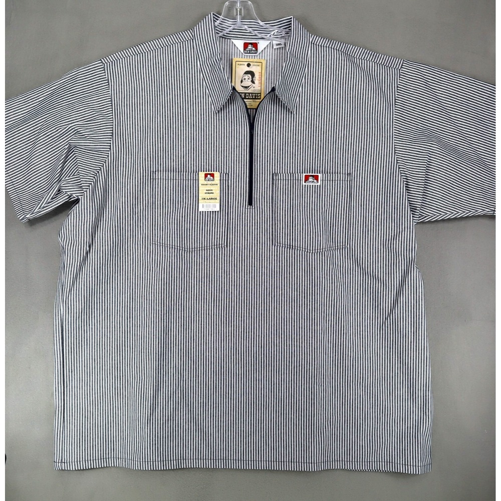 Ben Davis Half Zip Shirt 3XL Navy White Stripe Short Sleeve Oversized Workwear